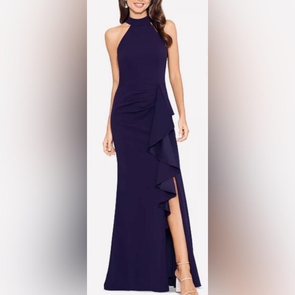 Betsy & Adam Womens Cascade Ruffle Halter Evening Dress size 8